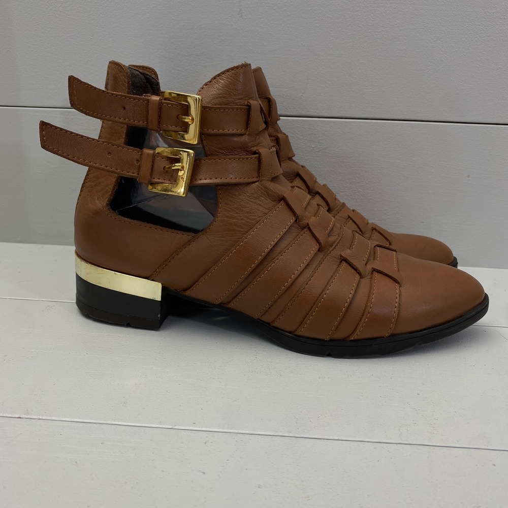 Addict by Bosi Bendita Caged Leather Ankle Boots Women's 39 8-8.5 Brown Buckle